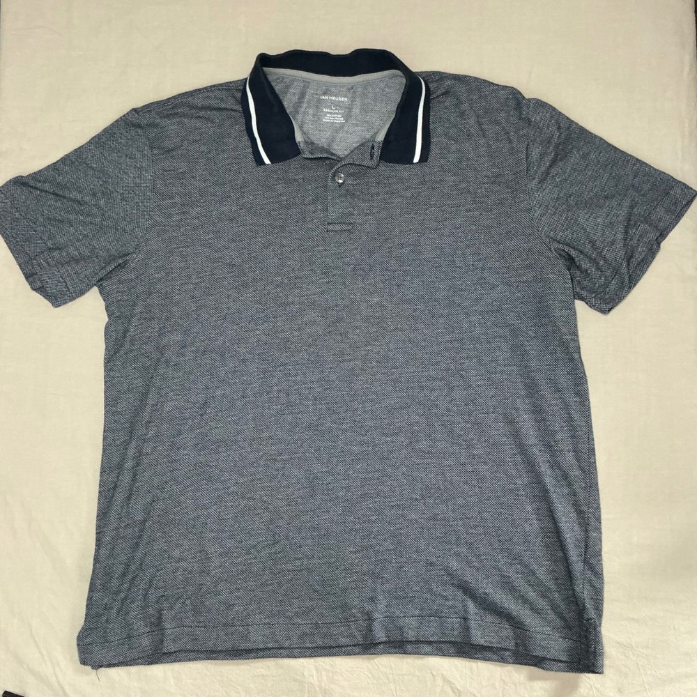 Van Heusen Mens Large‎ Polo Shirt Navy Blue White Striped Collar Regular Fit - Picture 2 of 5